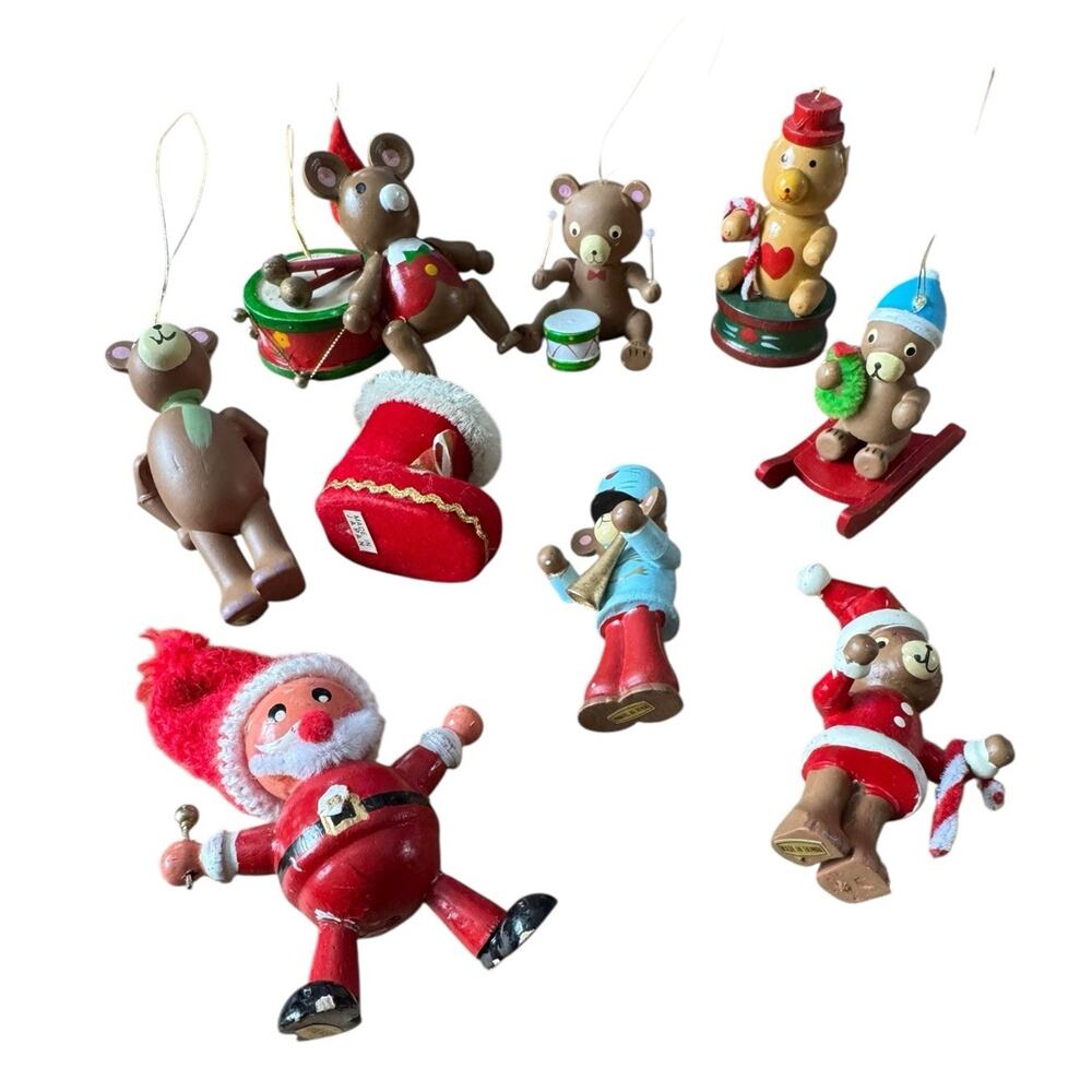 Vintage Wood Christmas Holiday Ornaments Lot Bears Santa Japan Taiwan Drum READ